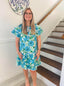 SHE+SKY- BLUE TIERED FLUTTER SLEEVE FLORAL PRINT WOVEN DRESS