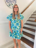 SHE+SKY- BLUE TIERED FLUTTER SLEEVE FLORAL PRINT WOVEN DRESS