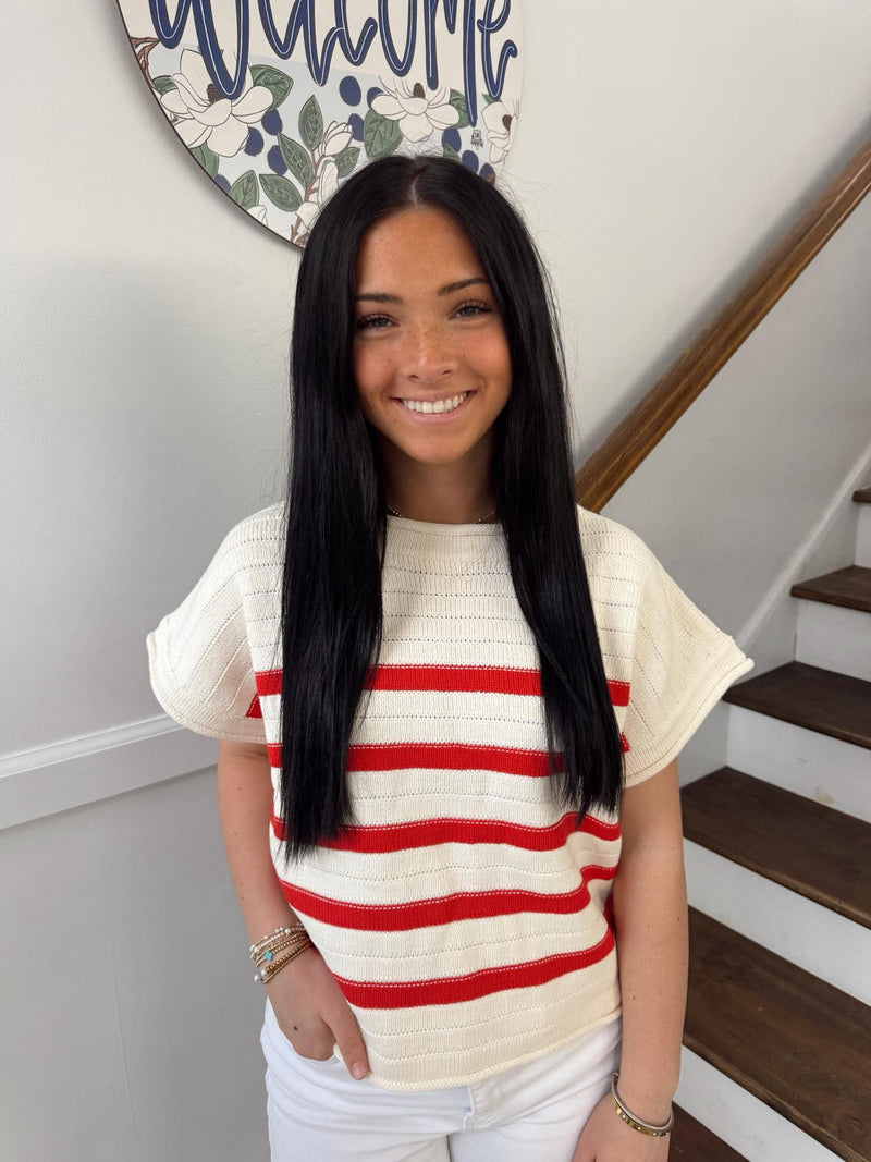 She + Sky -Short Sleeve Striped Knit Sweater
