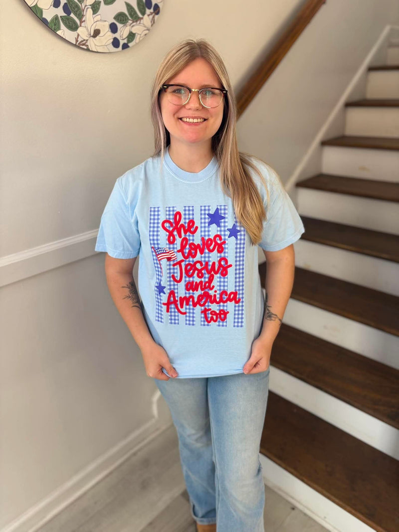 Trendy Tee- She Loves Jesus and America Too