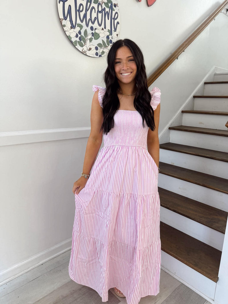 She+Sky - Ruffled Sleeve Square Neck Woven Stripe Smocked Tiered Maxi Dress