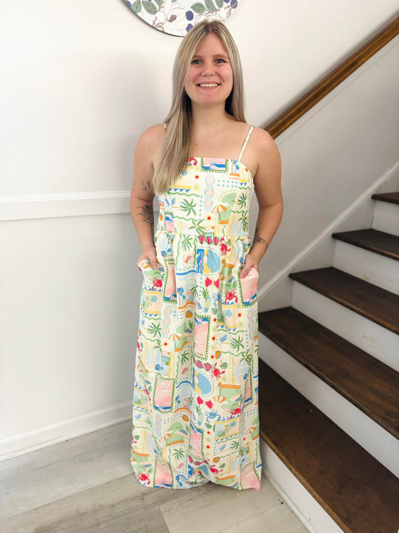 She+Sky- Pink/Mint Cami Woven Printed Maxi Dress
