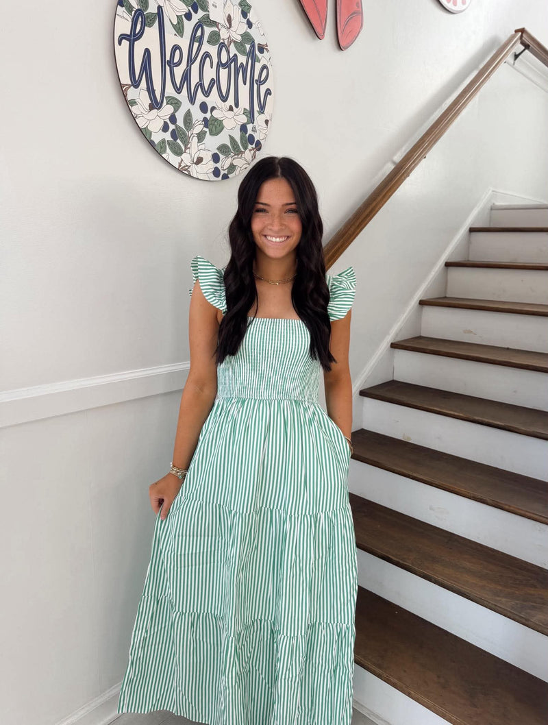 She+Sky - Ruffled Sleeve Square Neck Woven Stripe Smocked Tiered Maxi Dress