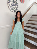 She+Sky - Ruffled Sleeve Square Neck Woven Stripe Smocked Tiered Maxi Dress