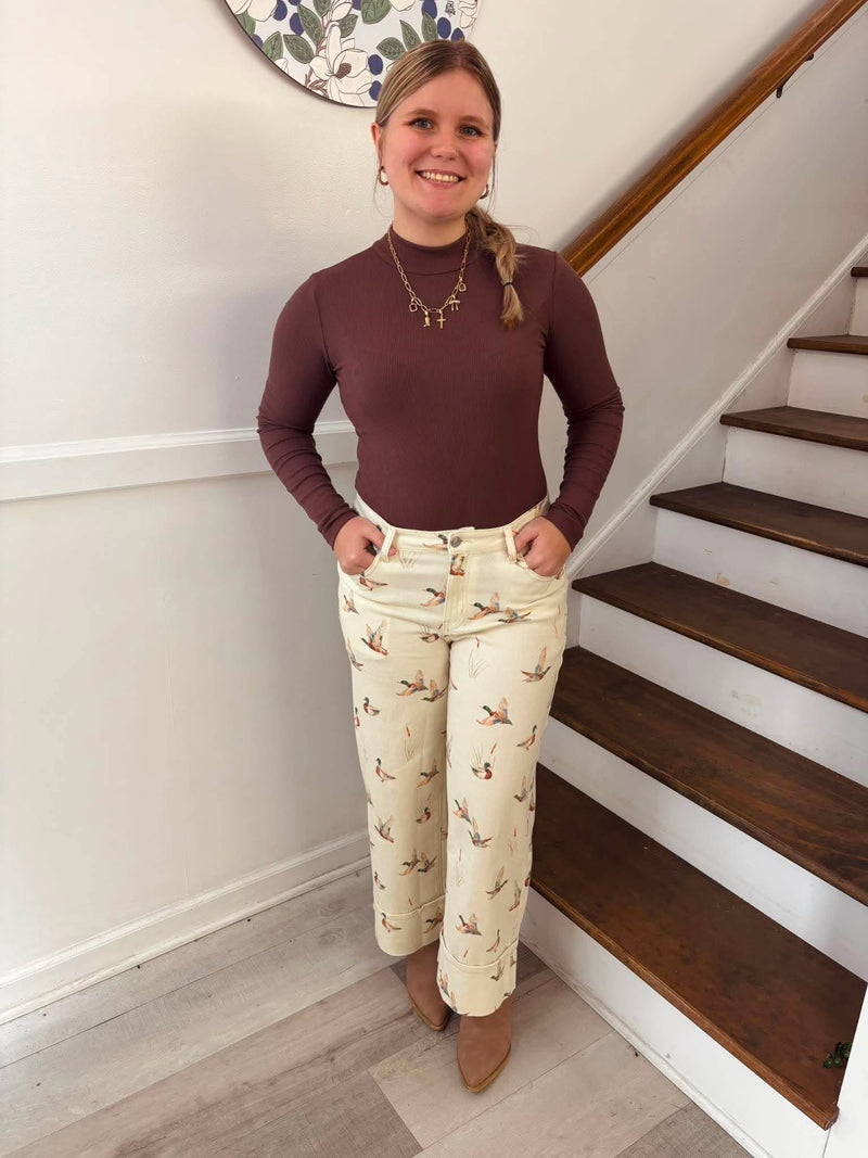 Mallard Duck Print Denim Wide Leg Pants
