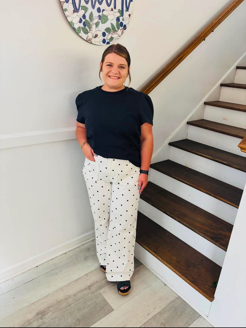 Polka Dot Print Scalloped Patch Pocket Shift Pants