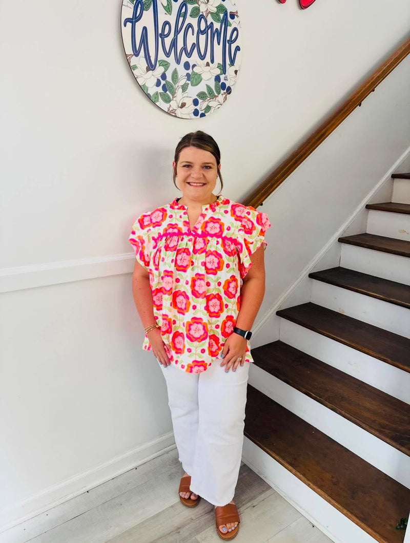 Floral Ruffled Sleeve Ric-rac Trim Shift Blouse