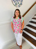 Floral Print Striped Ruffle Trim V Neck Blouse