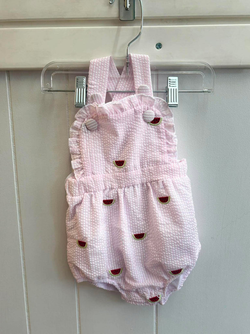 Honeydew-Pink stripe watermelon embroidery seersucker ruffle bubble