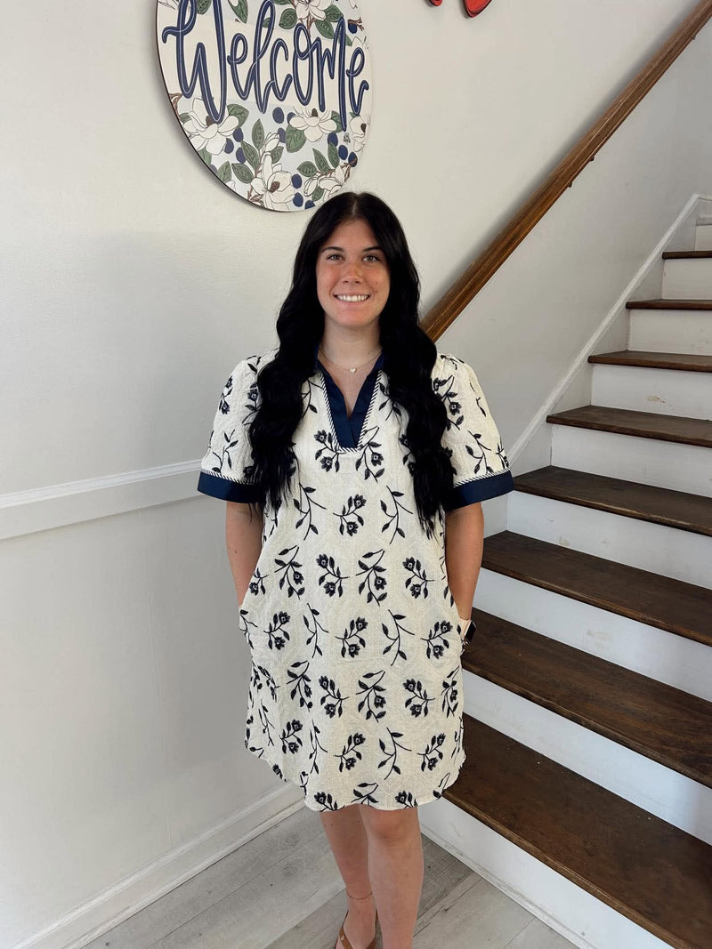 umgee blue and white dress Umgee Blue Striped Puff Sleeve Midi Dress with V-Notch Neckline