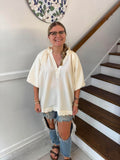 Umgee- Textured Fabric v-neck Smock Collar Scalloped Hem Top