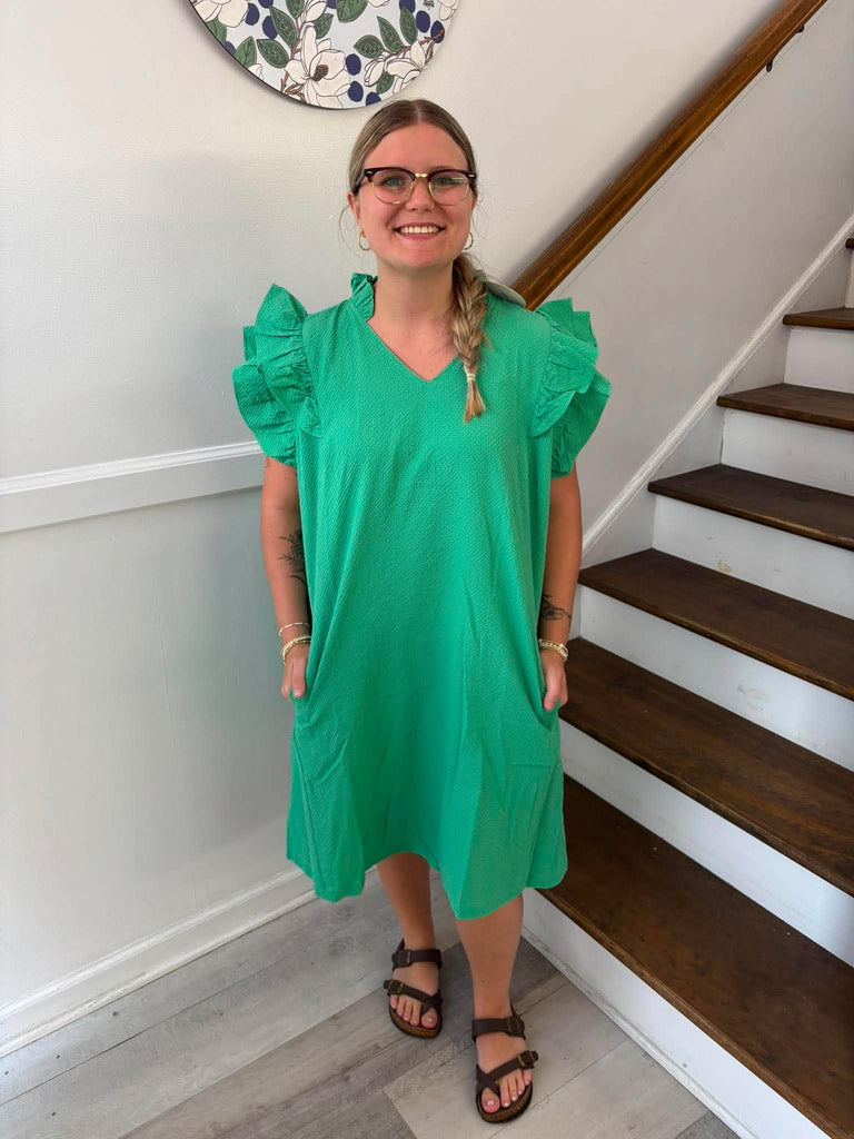 Umgee- Seersucker Green Ruffled V-neck Dress