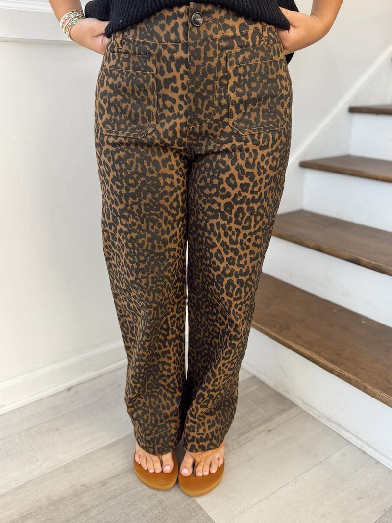 Umgee - No Lining Leopard Print High Rise Wide Leg Pants
