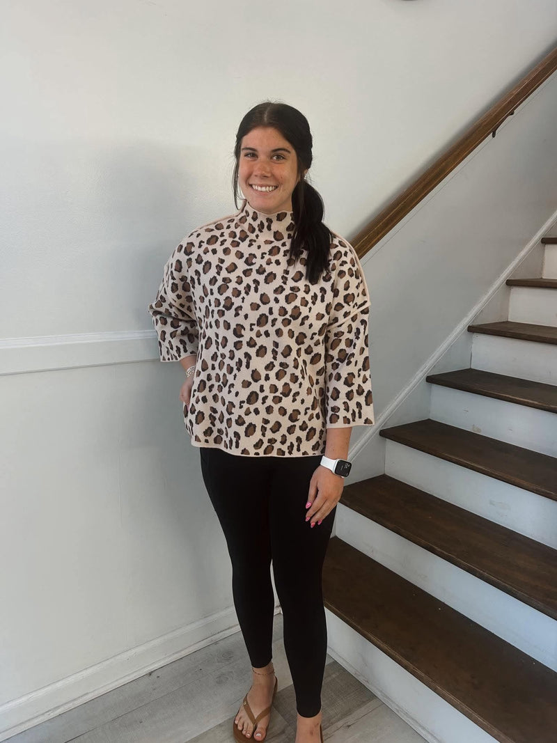 SHE+SKY - 3/4 Sleeve Mock Neck Leopard Sweater
