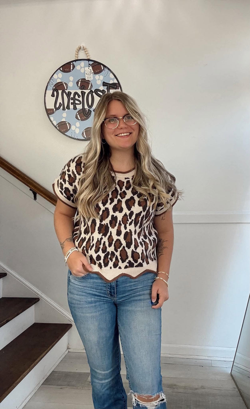 SHE + SKY- short sleeve leopard print sweater top