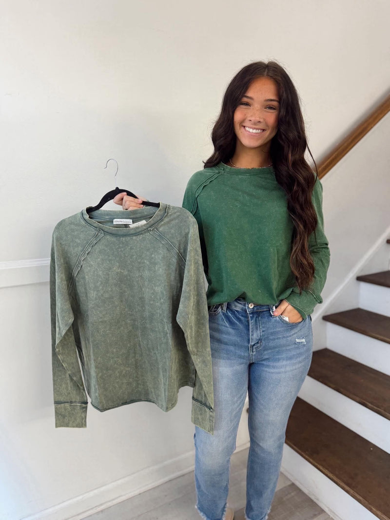 Zenana- washed scoop neck long sleeve top