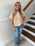She + Sky- Short sleeve Striped Pattern brown and tan sweater
