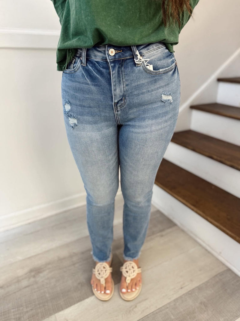 Zenana- High rise straight raw hem cropped denim pants