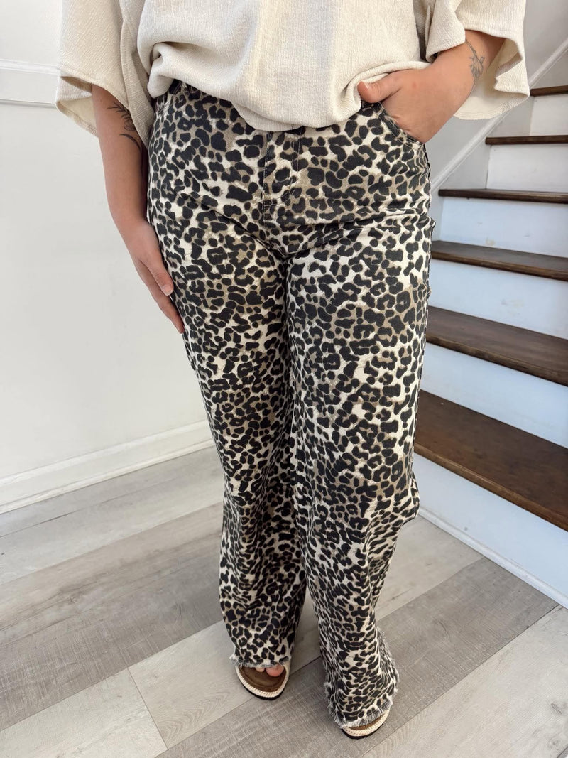 Simply Southern- Lepard print straight wide leg jeans