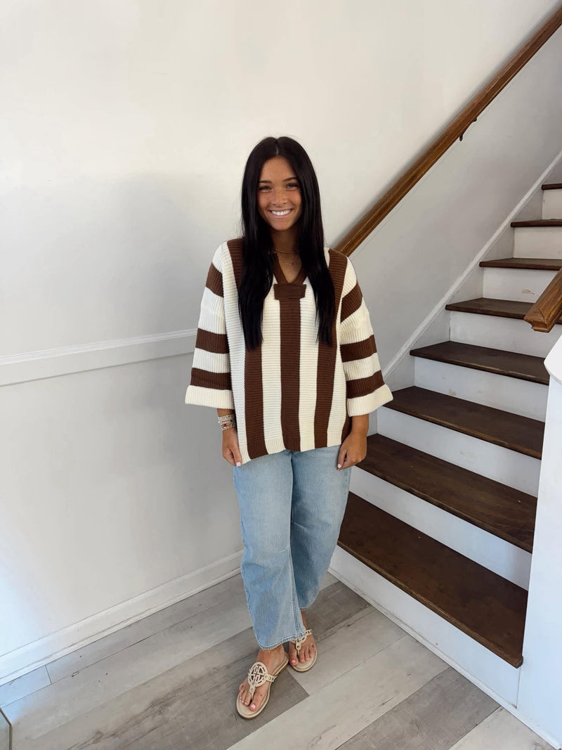 She + Sky- 3/4 SLEEVE VERTICAL STRIPE SWEATER TOP