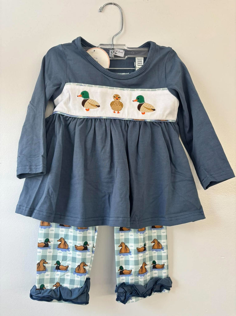 Honeydew-Blue mallard duck embroidery ruffle pants set