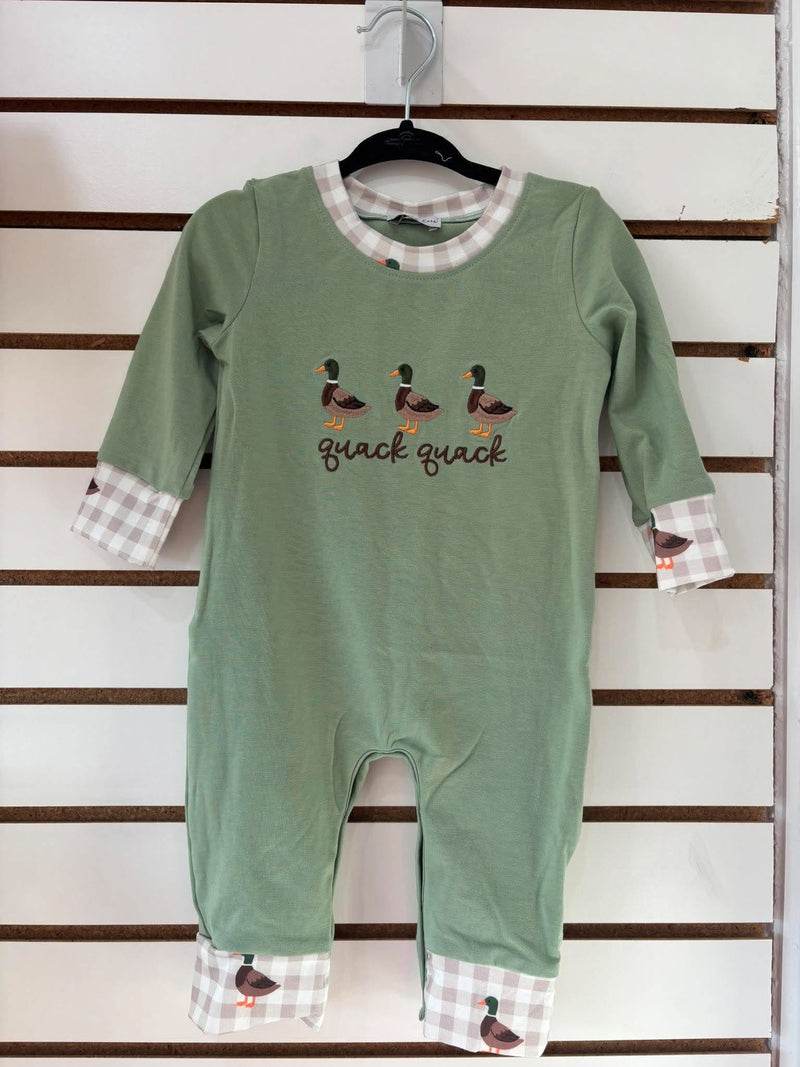 Honeydew- Green Duck guack guack Embroidery Romper