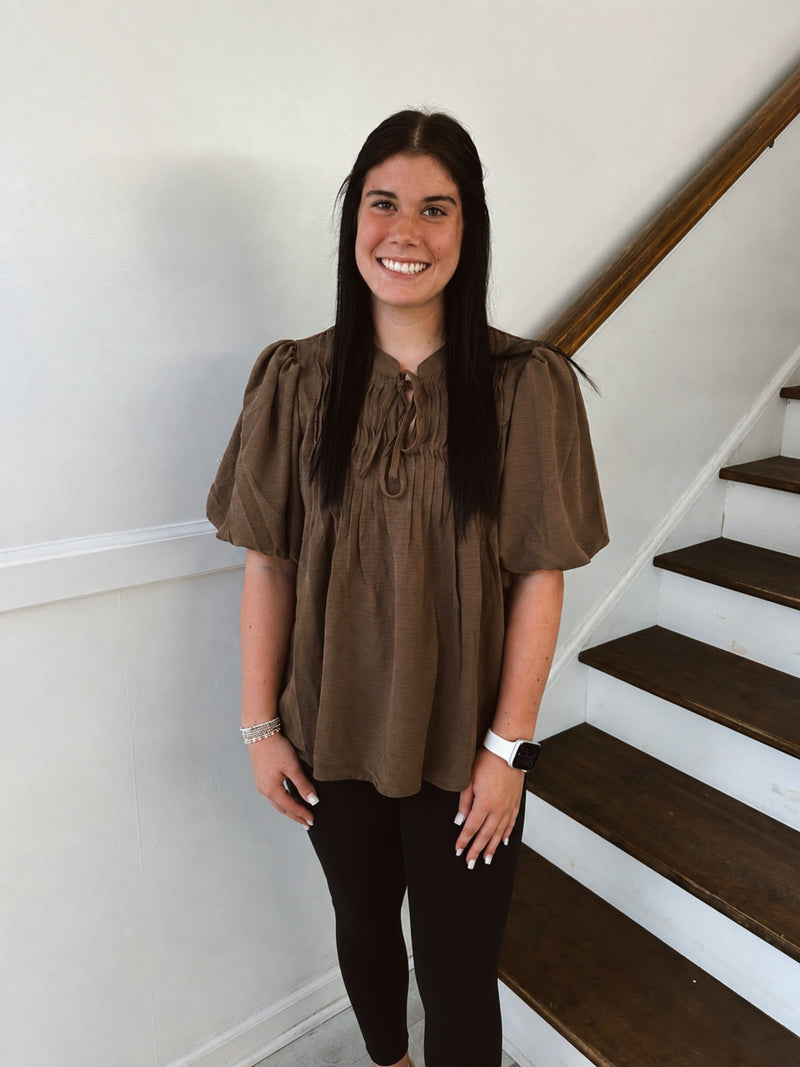 She + Sky- Mocha Pintuck Details With Necktie