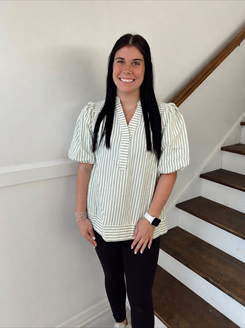 She + Sky- Sage Green Striped Top