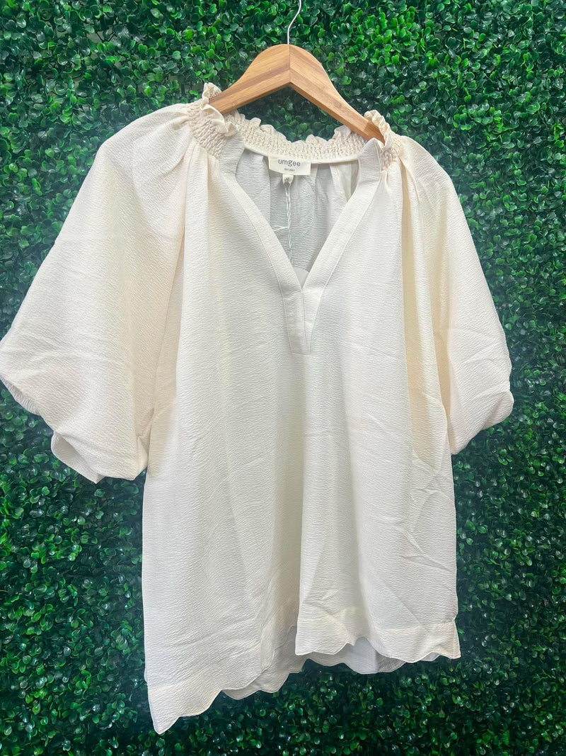 Umgee- Textured Fabric v-neck Smock Collar Scalloped Hem Top