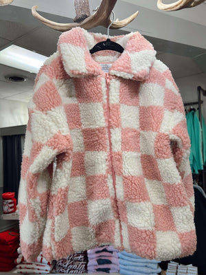 Kids Pink Check Sherpa Zip up