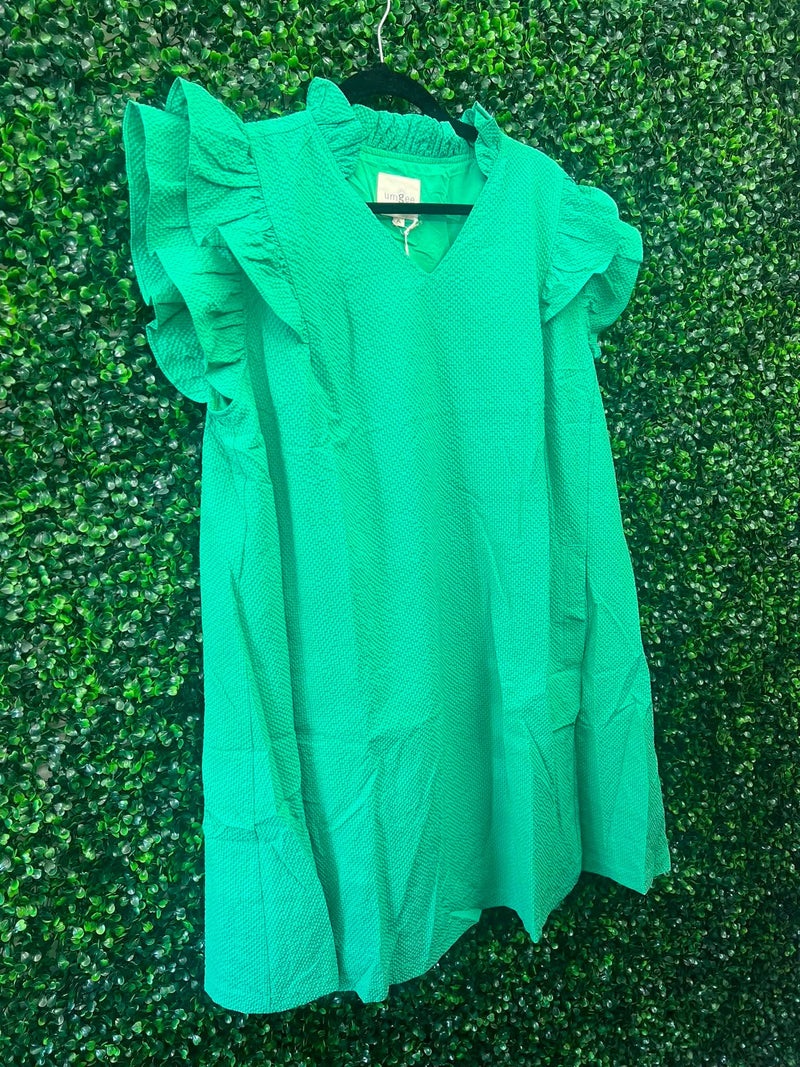 Umgee- Seersucker Green Ruffled V-neck Dress