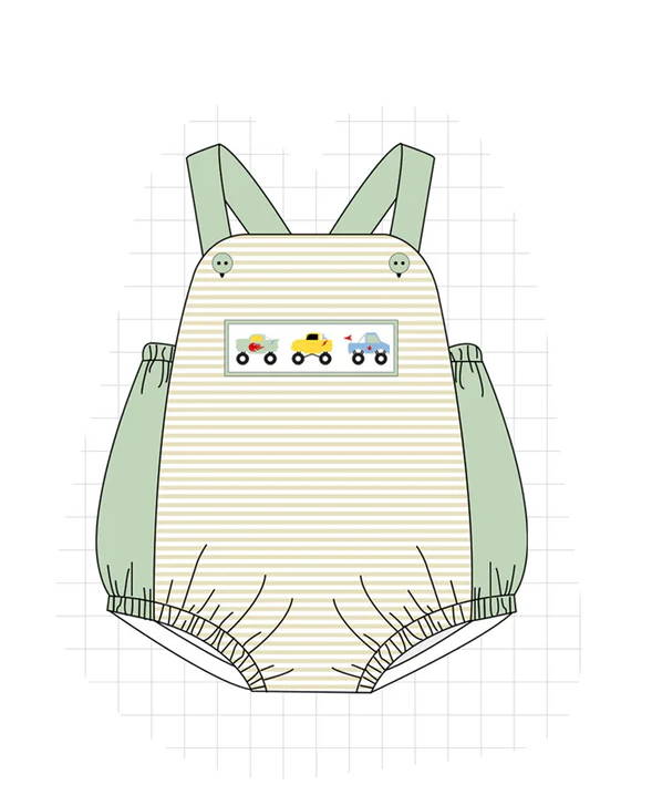 Honey Dew- Green monster trucks embroidery stripe collection